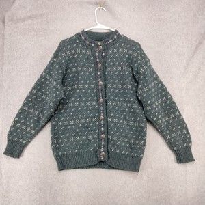 REI 85% Wool Cardigan Button Front Grandma Sweater Green Floral Women's Small